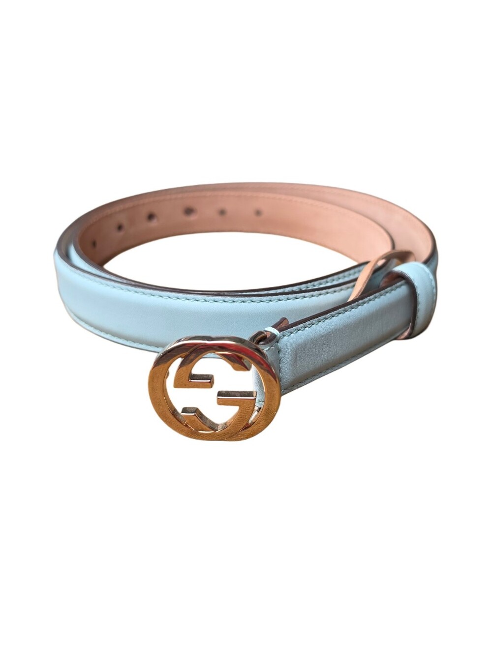 GUCCI GG Marmont 1" Belt In Light Blue Leather With Interlocking GG
